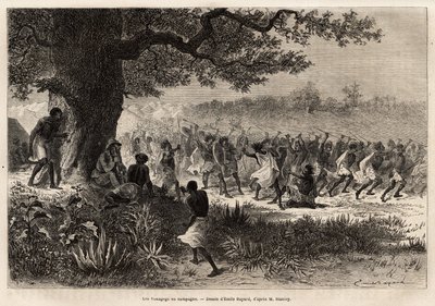 Vouagogo (tanzaniska stam) som förberedelse för krig, under trädet, författaren till berättelsen Henry Morton Stanley (1841-1904). Gravyr för att illustrera resan på jakt efter Livingstone, i centrala Afrika, av Henry Stanley, korrespondent för "New-Y av Unknown artist