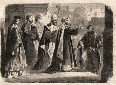 Ärkebiskopen Sankt Ambrosius av Milano (Aurelius Ambrosius, Ambrogio di Milano (340-397) förbjöd inträde av kyrkan till den romerske kejsaren Theodosius I (Flavius Theodosius) (347-395) för att straffa honom för massakern i Thessalonika 390 - Excommunicati av Unknown artist