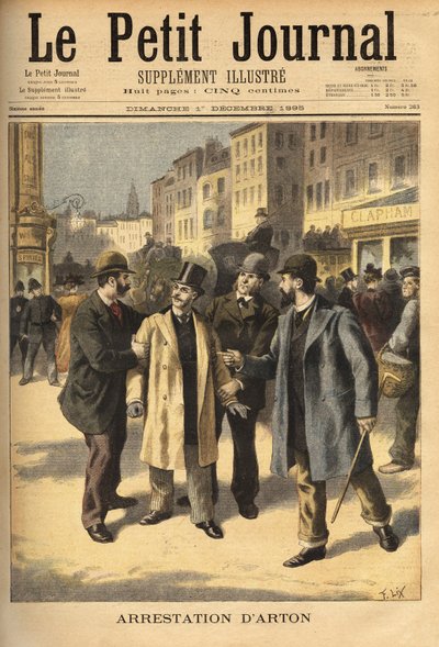 Gripandet av Emile Arton (1859-1905), en korrupt mäklare i Panamaskandalfallet, som har varit på flykt i flera år. Gravyr i "" Le petit journal"" 1895-12-12. Selvas samling. av Unknown artist