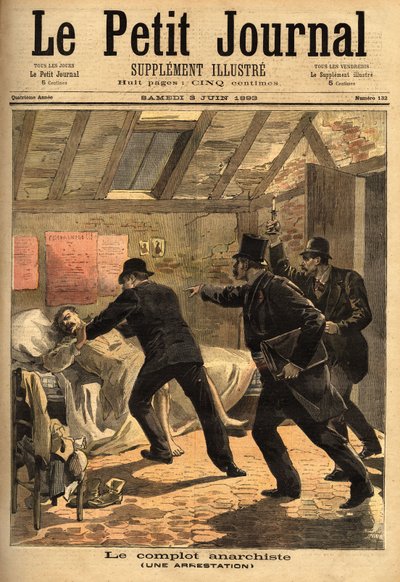 Gripandet av en anarkist i Paris och inslaget av en konspiration och dynamitcacher. Gravyr i "" Le petit journal"" 1893-06-03. Selvas samling. av Unknown artist