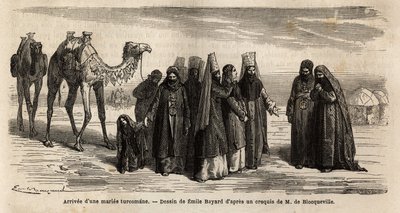 Ankomsten av en turkisk (Turkmenistan) hustru till sin mans familj; döttrar gifter sig inte före 17 års ålder, väljs av mannen som förhandlar hemgiften (som han ger till sin framtida hustrus familj) och äktenskapsvillkoren. Gravyr av Unknown artist