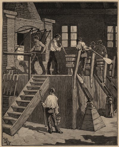Glaskonsten: glasarbetare som tillverkar glas enligt fransk metod. Gravyr från 1885 i "" Les arts et metiers illustres"" av Adolphe BITARD. av Unknown artist