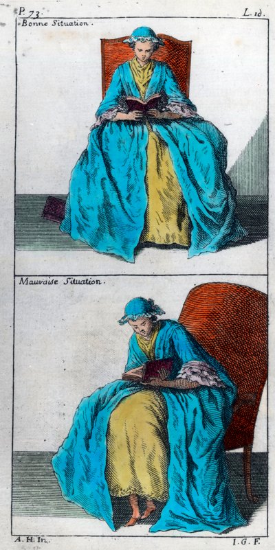 Konsten att förebygga och korrigera deformiteter av kroppen hos barn: bra och dåligt läge för läsning. Gravyr av 1700-talet. Privat samling. av Unknown artist