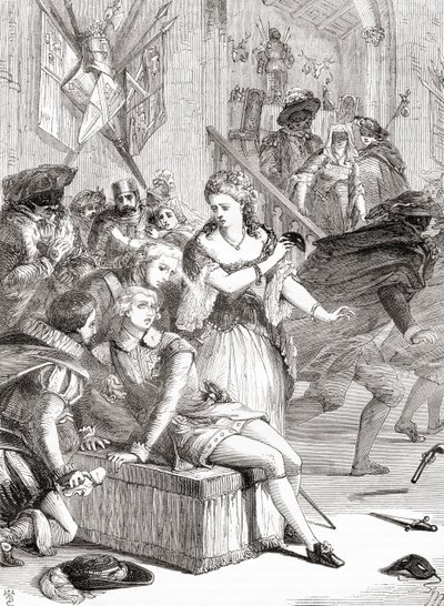 The assassination of Gustavus III by Jackob Johan Anckarström at a masked ball, Stockholm, Sweden,1792 (engraving) av Unknown artist