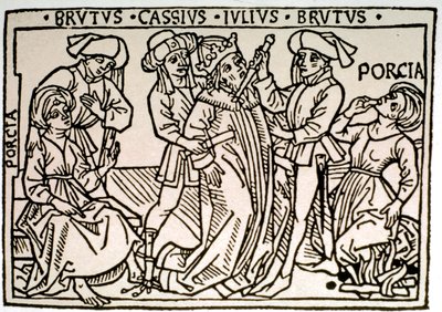 Mordet på Jules Cesar (100-44 f.Kr.): han blir knivhuggen av Brutus och Cassius medan Porcie, Brutus fru försvinner. Xylografi av 1500-talets Rom, Biblioteca Vallicelliana ©Luisa Ricciarini/Leemage av Unknown artist