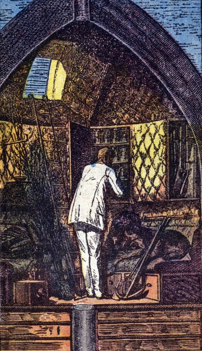 Astronauten i raketen. Grav. i "From Earth to Moon" av Jules Verne av Unknown artist