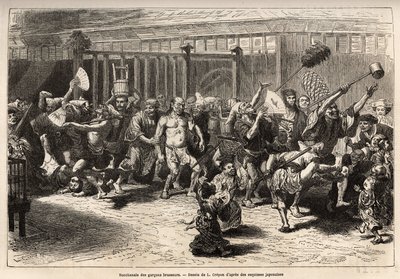 Bryggarnas bacchanal, på nyårsafton, efter att ha fått sin lön och festoye, går de in i en glad och bullrig procession i Edo (dagens Tokyo), utrustade med en enorm sake-vask och en lång dammduk för att trycka upp taket , prinsen av d av Unknown artist