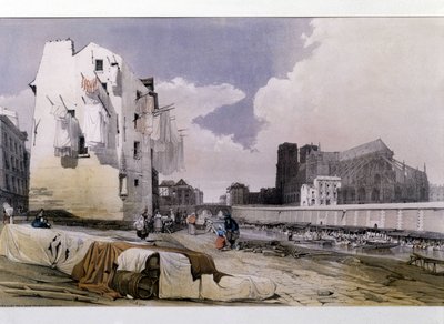 Seines strand och Notre Dame de Paris - litografi av Unknown artist
