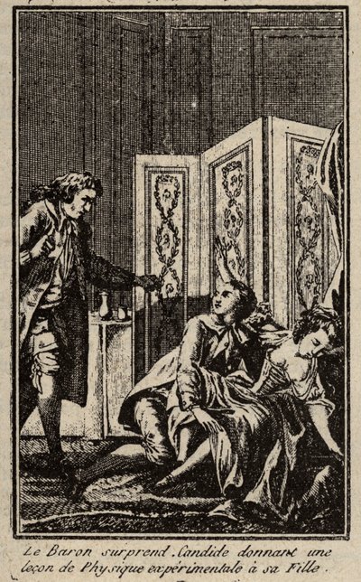 Baronen överraskar Candide som ger en lektion i experimentell fysik till sin dotter Frontispice för "" Candide"" av Francois Marie Arouet dit Voltaire. av Unknown artist