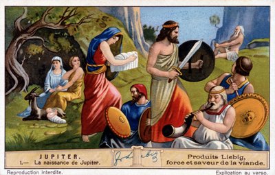 Jupiters födelse, Rhea döljer honom i hemlighet och ger en sten inlindad i linne till Titan Saturn - Liebig kromolitografi av Unknown artist