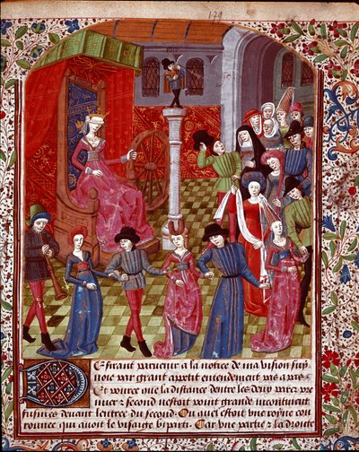 Den blinda förmögenheten som vrider på hjulet, människorna före den är allegorin om öde, lycka och miniatyrmalheur hämtad från "The Tresor of Sapience" (eller "The Treat of the Garden in Love") av Jean Gerson (1363-1429) (ms. 1513, fol. 179 r.) 1400-talet av Unknown artist