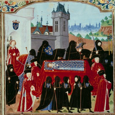 Kroppen av den avlidne kung Karl VI (1368-1422) bärs bort, bakom processionen den nye kung Karl VII (1403-1461) miniatyren 22/10/1422 från manuskriptet "" Chronicles of Charles VII"" (Ms. . fr. 2691) av Jean Chartier av Unknown artist