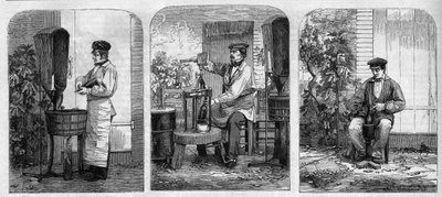 Buteljering av champagnevin. Gravyr från 1864. av Unknown artist