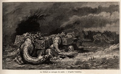 Kamelkaravanen som fångats i en sandorkan kallar tebbad. Teckning av Emile Bayard (1837-1891), för att illustrera resan till Centralasien, 1863, av Arminius Vambery (ungersk vetenskapsman förklädd i dervisch). Gravyr i "" Le tour du monde", redigerad av av Unknown artist