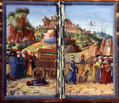 Vagnen av förbundets heliga ark, följt av David som spelar psalterionen; Ozam, som hade försökt hålla henne, ligger på marken, död. Davids Psalterion av Unknown artist