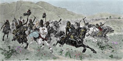 Hunnernas anklagelse ledd av Attila (405-453), avskräckande mot Italien, 500-talet - Gravyr av U. Checa av Unknown artist