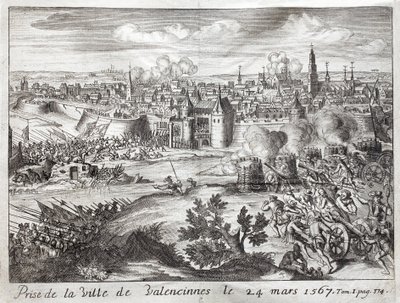 Staden Valenciennes (Frankrike) intogs den 24 mars 1567. Första slaget vid Gueux-revolten (början av 80-åriga kriget (80 år eller 80 år) (Nederländernas revolt) (1568-1648). Gravyr för att illustrera "History of the War of F av Unknown artist