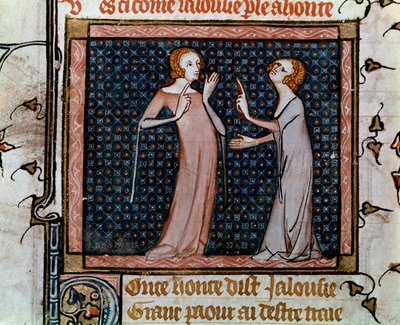 Kollokviet av svartsjuka och skam miniatyr i "" Roman de la rose"" av Jean de Meun, Jean de Meung eller Jean Chopinel, Jean Clopinel (v.1240-1305), cirka 1370. Paris, bibliotheque Sainte Genevieve av Unknown artist