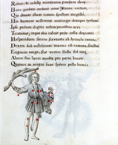 Den representerade stjärnbilden är Bouvier (eller Boots), som stödjer Berenices hår med vänster hand. Sida av ett 1700-talsmanuskript baserat på originalmanuskriptet "Astronomica" av Biasino da Parma (Blaise of Parma) (1425-1457) daterar av Unknown artist