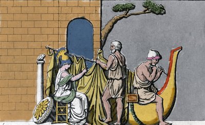 Konstruktionen av skeppet Argo, assisterad av Minerva, med det heliga träet från ekarna i Dodone. av Unknown artist
