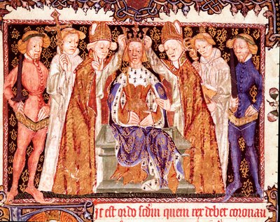 Kröningen av en kung Troligen kung Richard II av England (1367-1400). Miniatyr från manuskriptet om kröningsriter "" Liber regalis"" Pamplona från 1300-talet, Navarras arkiv av Unknown artist