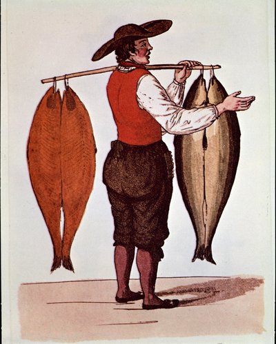 Paris rop: en vandrande laxhandlare röker Elbe. Anonymt 1800-talstryck. Privat samling av Unknown artist