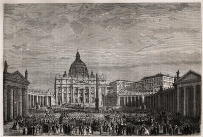 Folkmassan rusade till Petersplatsen i Vatikanen för att ta emot påskens stora välsignelse av påven Pius IX (1792-1878). Gravyr för att illustrera historien om Stilla veckan i Rom, 1863, av Ludovic Celler, i "Le tour du monde, nouveau journal des voy av Unknown artist