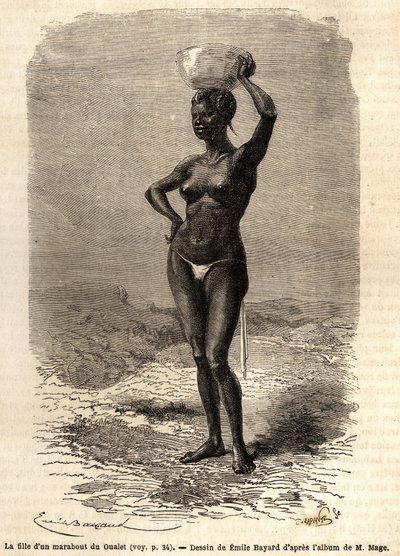 Dottern till en marabout från Oualet (Mauretanien), bär en jatte på huvudet för att göra svart tvål. Gravyr för att illustrera resan till västra Sudan av löjtnant (marinen) M. Mage, 1863-1866, publicerad i "Le tour du monde, nouveau journal des voyages" av Unknown artist