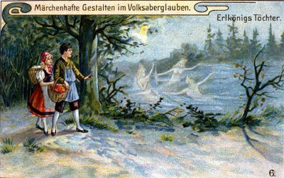 Alvernas kung döttrar. Underbar karaktär av tysk mytologi. kromolitografi från 1800-talet. av Unknown artist