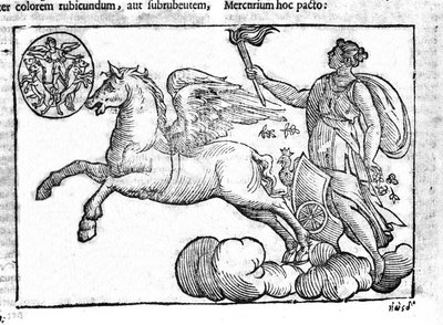 Gryningen (solens vagn). Allegori över soluppgången med karaktärerna från den grekiska och romerska mytologin på himlen. Gravyr från "Mythology and Explanations of Fables" av Natalis Comitis. 1637. av Unknown artist