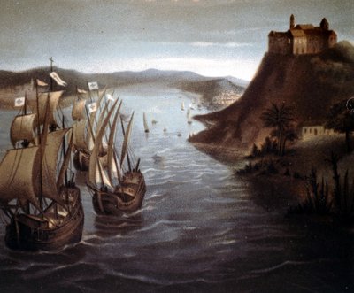 Christopher Columbus avgång från Palos. 1800-talets kromolitografi. av Unknown artist