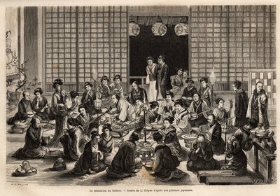 Matsalen på Yokohama Theatre är permanent fylld, även under föreställningen. Gravyr för att illustrera resan till Japan, av Aime Humbert, minister för Schweiziska edsförbundet, 1863-1864, publicerad i "" le tour du monde", under den svåra av Unknown artist