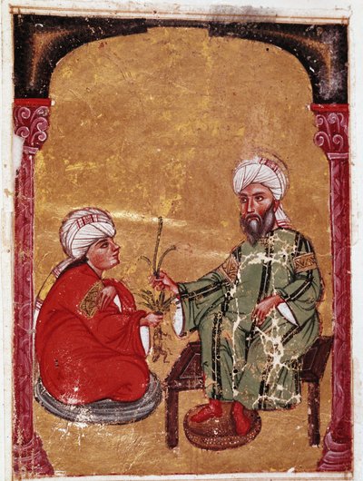 Läkaren och botanikern Pedanius Dioscoride (Pedanius Dioscorides) (40-90 e.Kr.) sitter med en av sina elever Miniatyr från hans avhandling "De materia medica"" (ms Ahmed III, 2147, folio 217a) 1229 Topkapi Sarayi Museum Library, Istanbul av Unknown artist