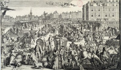 Pinsamt för Pont Neuf i Paris. Illustration av trafik och trafikstockningar på gatorna i Paris på 1700-talet. Gravyr från 1710. Paris, Musee Carnavalet av Unknown artist
