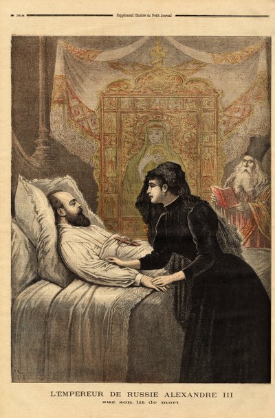Kejsaren (tsaren) av Ryssland Alexander III (1815-1894) på sin dödsbädd, från 1881 till 1894, visade hans rege en autokrat utan eftergift, som ledde en fredlig utrikespolitik och frivilligt närmande till Frankrike. Gravyr i "" Le petit journal av Unknown artist