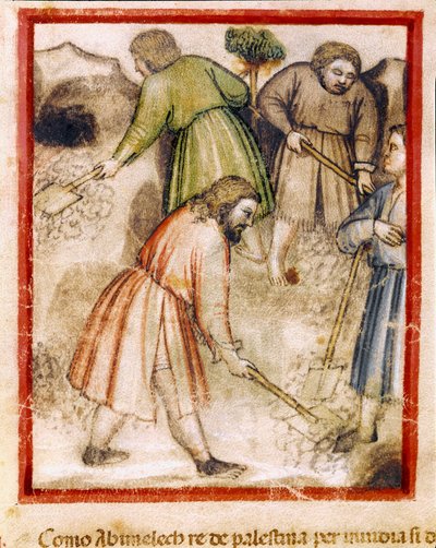 De avundsjuka filistéerna fyller de ihåliga brunnarna av Isaac Miniature från codex 212 (eller padovano codice eller Bible of Padua) 1390-1400 Rovigo, Accademia dei Concordi av Unknown artist