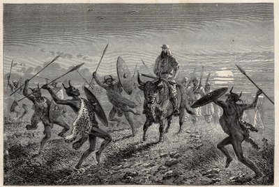 Eskorten som tilldelats resenären Baker, utför en fantasi innan han åker till Lake Albert (eller Albert Nyanza). Gravyr för illustration av resan till Lake Albert, 1861-1864, av Sir Samuel White Baker, i "Le tour du monde, nouveau journal des voyages av Unknown artist