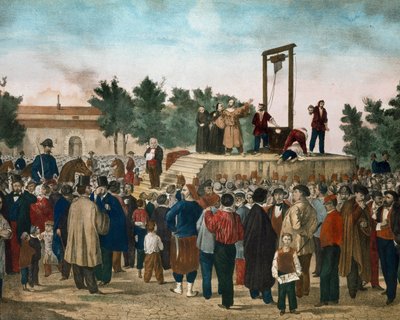 Avrättningen den 13/03/1858 av Felice Orsini (1819 - 1858) och Pieri som utförde attacken den 14 januari 1858 mot Napoleon III på Place de la Roquette i Paris Litografi från slutet av 1800-talet. Milanos privata samling av Unknown artist