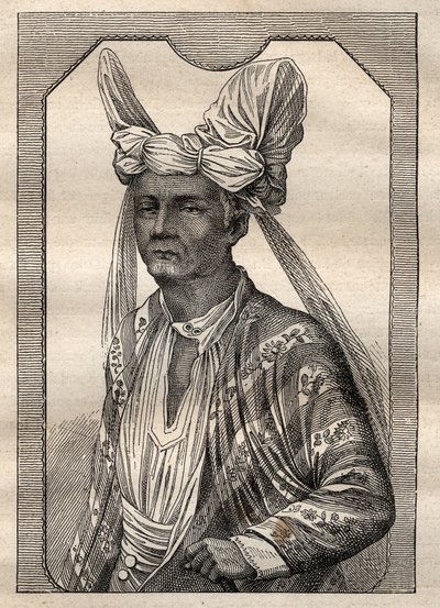 Expeditionen runt om i världen (1790-1792) av kapten Etienne Marchand (1755-1793): porträtt av kungen på ön Timor (Indonesisk ögrupp) - illustration hämtad från "The Great Mariners of the 18th century" av Unknown artist