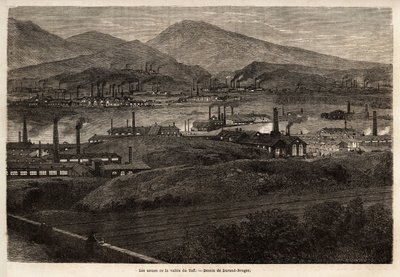 Fabrikerna i Taff Valley. Teckning av Durand Brager, för att illustrera ett besök på de stora fabrikerna i Wales 1862, av L.Simonin. Gravyr i "" Le tour du monde"", redigerad av Edouard Charton av Unknown artist