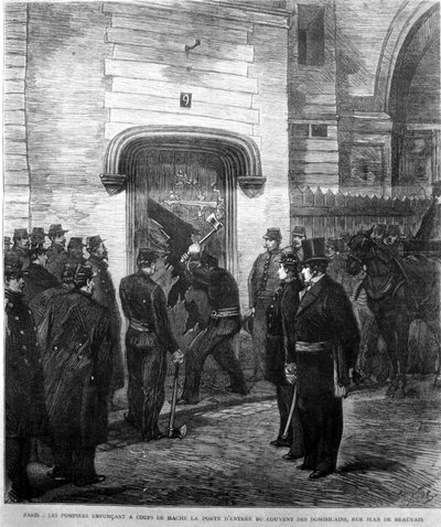 Brandmännen knackade på ingångsdörren till Dominikanerklostret på Rue Jean de Beauvais i Paris 1880. Gravyr från 1800-talet. av Unknown artist