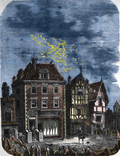 Den första åskledaren etablerad av Benjamin Franklin (1706-1790) på ett hus i Philadelphia (USA). 1760. av Unknown artist
