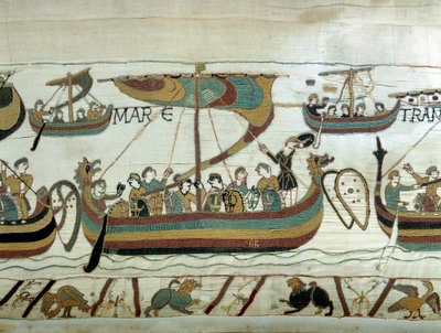 Vilhelm I Erövrarens (1027-1087) flotta korsar kanalen mot England. Bayeux gobeläng eller broderi av drottning Mathilde av Unknown artist