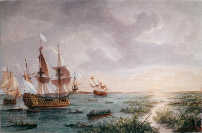 Den franske upptäcktsresanden Rene Robert Cavelier, Sieur de LaSalle upptäcker Louisiana, 1684 (gravyr av Unknown artist