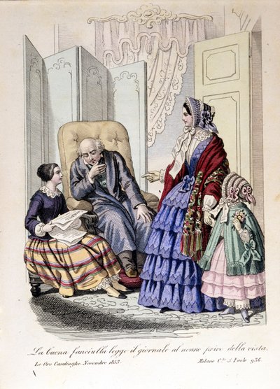Flickan läser tidningen för sin farfar som har tappat synen. Ur "The ore casalinghe", november 1853. av Unknown artist
