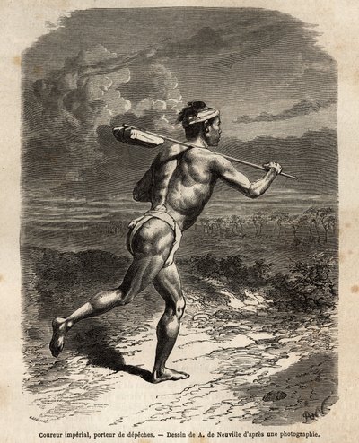 Den kejserliga löparen, som bär Mikado depeches. Gravyr för att illustrera resan till Japan, 1863-1864, av Aime Humbert, minister för Schweiziska edsförbundet, i "" Le tour du monde, nouveau journal des voyages"" publicerad under ledning av Edoua av Unknown artist