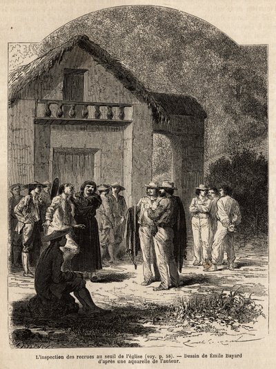 Inspektionen av rekryter vid tröskeln till kyrkan i Marcapata (Peru), av pastorn i byn, som verifierar hälsotillståndet och styrkan hos de självbelåtna indianerna, för att bilda ett team av författarens bärare. Gravyr för illustrrer le voyag av Unknown artist