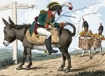 En modern hjältes resa till ön Elba. En modern hjältes resa till ön Elba. Denna tecknade serie visar Napoleon Bonaparte sittande på en åsna på vägen från Fontainebleau till ön Elba; han håller en svärdskasse i ena handen och den av Unknown artist