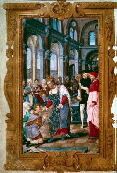 Kungen berör, Gud hör dig Kung Henrik II (1519-1559), thaumaturge, krigare som är trött på ecrouelles i klostret Saint Marcoul, strax efter ceremonin för kröningen av Reims. Nära honom bågen av Reims. Miniatyr från "The Hours of Henry II"" 154 av Unknown artist
