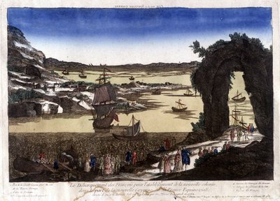 Fransmännens landstigning för etableringen av den nya kolonin i hamnen i Nouvelle Cayenne (eller France Equinoxiale) av Unknown artist